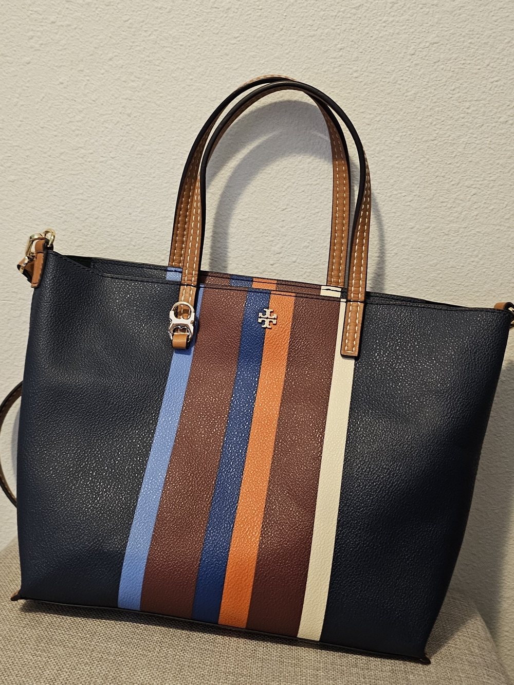 Tory Burch Navy Leather Tote with Multi-Stripe Detail